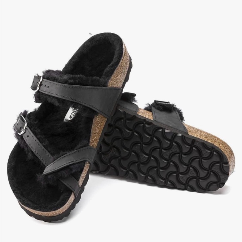 Birkenstock Mayari Fuzzy Shearling Black Sandals Size 36 Ladies 5